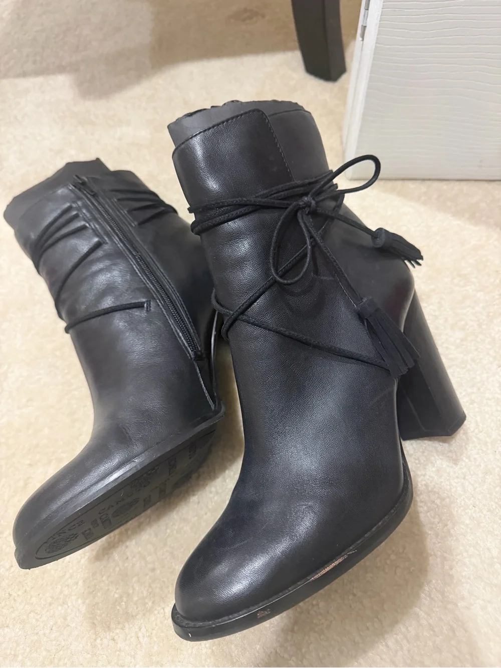 Vince Camuto Black Leather Ankle Boots with Wrap and Tassel
